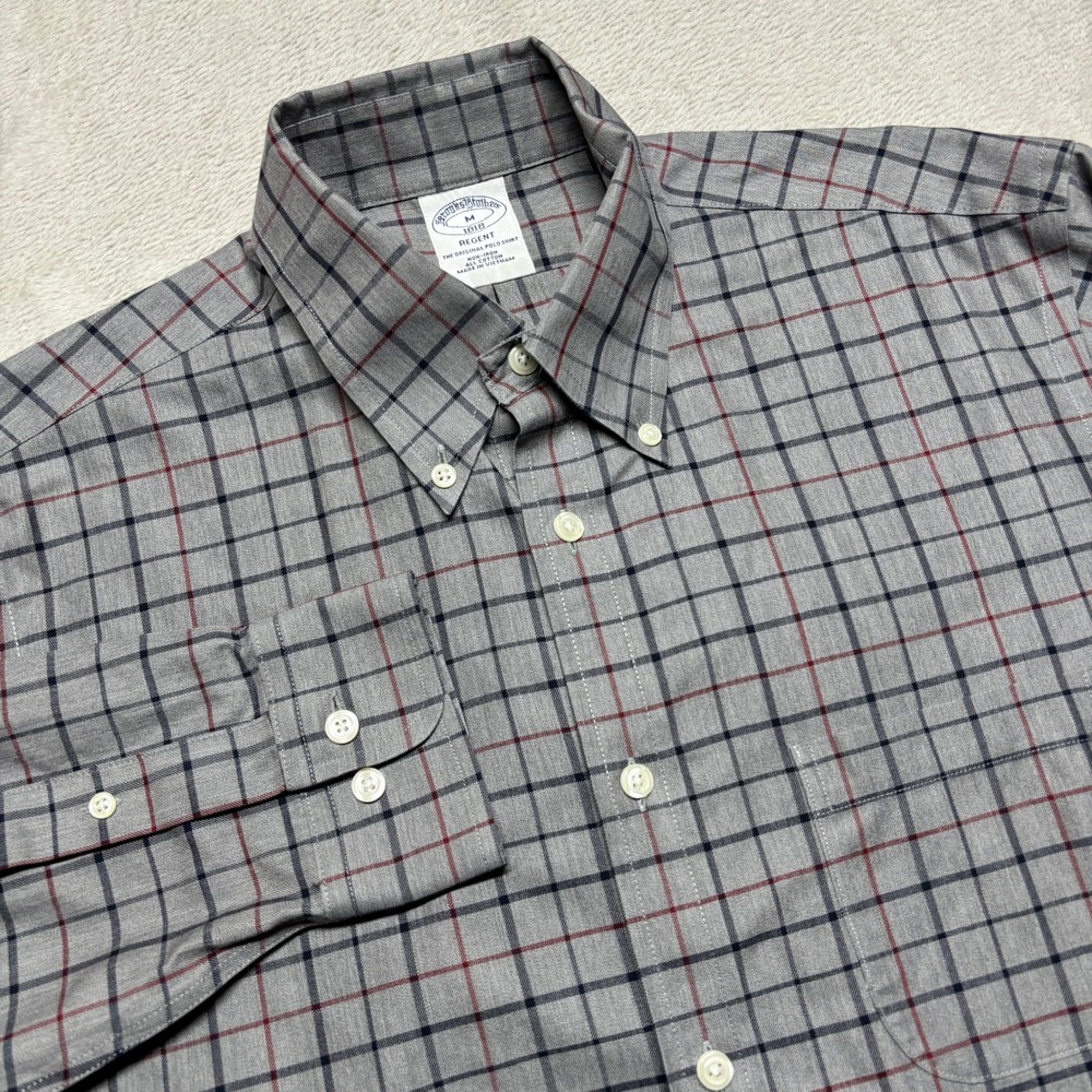Brooks Brothers Shirt Mens M Regent Grey Tattersall Non-Iron Button-Down EUC
